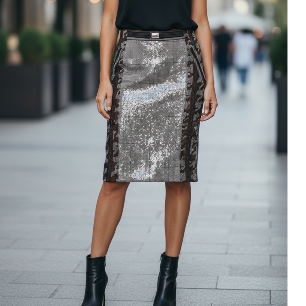 Byron‎ Lars Beauty Mark Sequin Plaid Pencil Skirt Brown Silver Luxury Size 4